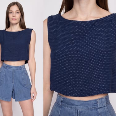 S| Vintage Navy Blue Polka Dot Crop Top - Small | 80s 90s Grunge Boxy Cropped Tank 