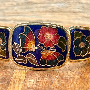 Vintage Cloisonne Bracelet Hinged Cuff Butterfly Flowers Retro Fashion Jewelry 