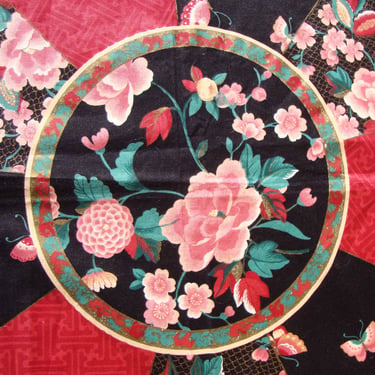Vintage Chinese Floral Fabric Red Medallion Flowers & Butterflies - Joan Kessler for Concord Fabrics 