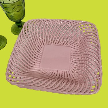 Vintage Ceramic Lattice Bowl Retro 1990s Contemporary + Pink + Square Shape + Shallow Interior + Home Decor + Modern Decoration + Storage 