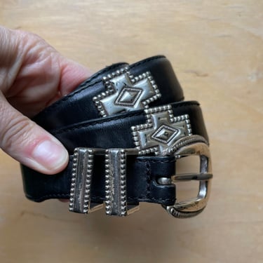 1980s / 1990s Western Gothic Black Leather Antique Silvertone Concho Studded Statement Belt- 34 inches 