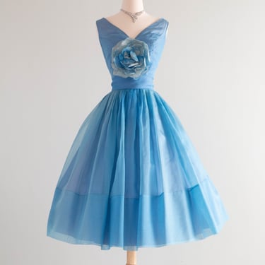 1950's Blue Valentine Silk Organza Cornflower Blue Party Dress / Small