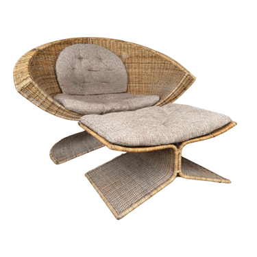 Large Woven Wicker Lotus Lounge Chair and Ottoman by Danny Ho Fong