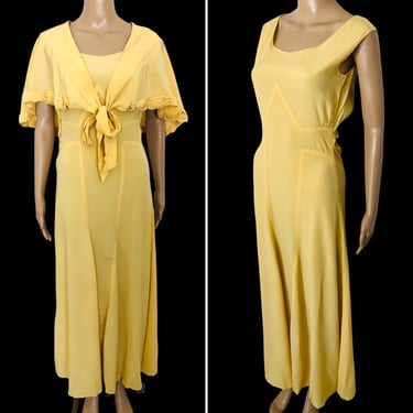 Vintage 1930's Buttercup Yellow Rayon Crepe Bias Cut Geometric Art Deco Seam Mermaid Hem Gown w/ Matching Capelet - size XS Extra Small 