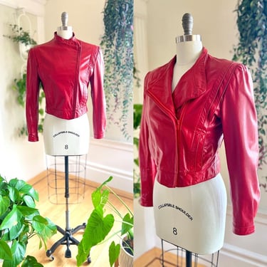 Vintage 1980s Leather Jacket | 80s Red Michael Jackson Thriller Cropped Coat | medium 