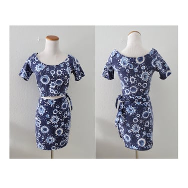 Vintage 90s Crop Top & Mini Skirt Set Celestial Tie Dye Print - Size Medium 