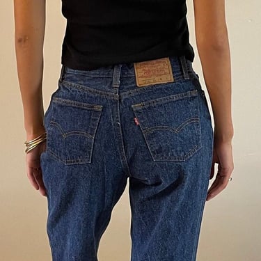 70s Levis 501 jeans / vintage womens Levis 18501 0115 dark wash raw denim shrink to fit high waisted button fly jeans | size 27 waist 