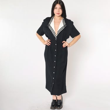 90s Black Maxi Dress White Contrast Collar Dress Preppy Short Sleeve Ankle Length Button Up 1990s Monochrome V Neck Vintage Plain Large 14 