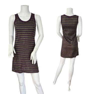 French Designer Pierre D'alby 1970's Purple Striped Cotton Blend Tank Mini Dress I Sz Sm I B: 34