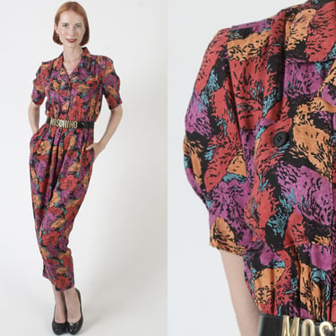 Skinny Leg Jumpsuit With Hip Pockets, Vintage 80s One Piece Floral Playsuit, Glam Button Up Cigarette Pant Suit 