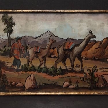 Vintage Peruvian Folk Art Mountain Scene Painting 12x8 