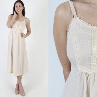 70s Swiss Dot Bohemian Wedding Midi Dress, Vintage Spaghetti Strap Summer Gown, Lightweight Mid Length Prairie Dress With Sash 