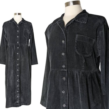 Vintage Corduroy Button Dress, Small Medium / 90s Black Cotton Weekend Casual Shirt Dress / Empire Waist Long Sleeve Chore Dress 