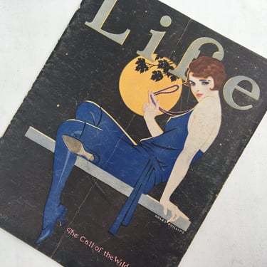 Antique Life Magazine July 1927, The Call Of The Wild, Coles Phillips Cover Art, Flapper In Full Moon, Coy Art Deco Girl In Navy Blue, Black 