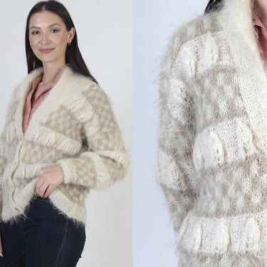 Cream Chunky Mohair Sweater, Womens Tan Cardigan Jumper, Vintage Fuzzy Boyfriend Fit 