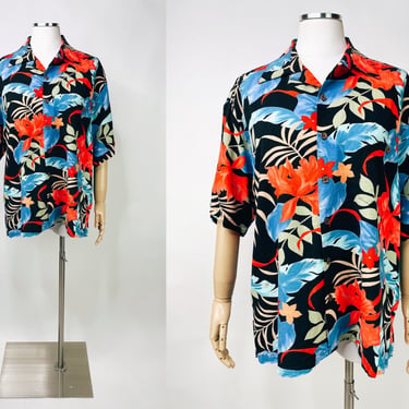 1980s-1990s Vibrant Tropical Hawaiian Shirt on Black by Tori Richard USA Medium Mens | Vintage, Hibiscus, Palm Leaf, Vacation, Chunk Goonies 
