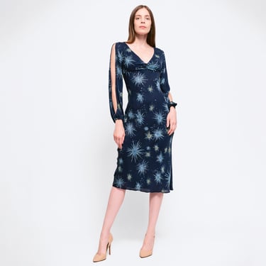 XS Y2K Diane Von Furstenberg Blue Firework Print Silk Midi Dress | Vintage Long Split Sleeve Boho Bias Cut Cocktail Party Dress 