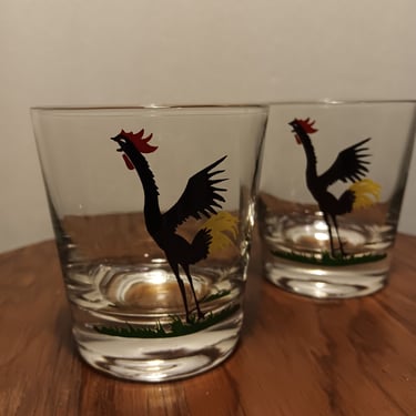 Crowing Rooster Old Fashioned Rocks Glasses | Vintage Set of 2 