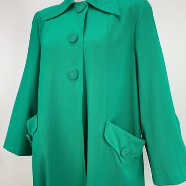 1940'S Long Swing Coat - Vivid Green Gabardine - Cloth Covered Buttons - Shoulder Pads - Satin Lined - Women's Size Medium to Large 