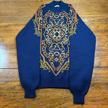 Vintage Turkish Wool Navy-Blue Gold Scroll Sweater 