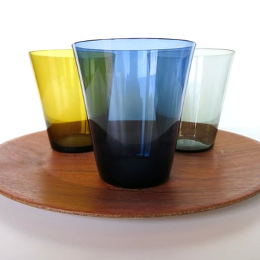 3 Vintage Kaj Franck Thin Wall Glass For Iittala, 12 oz Colorful Scandinavian Glass Barware Tumblers 
