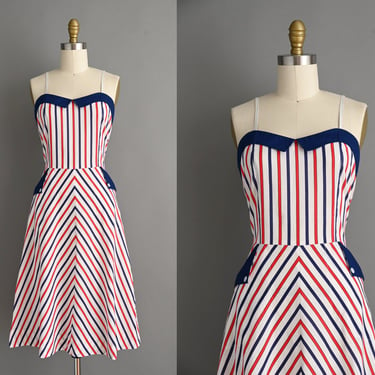 vintage 1970s Dress | Red White Blue Stripe Print Cotton Summer Sun Dress | Medium 