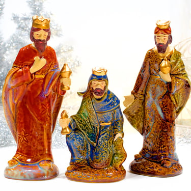 VINTAGE: 3pc - Colorful Glazed Ceramic Wisemen Figurines - Three Kings - Nativity Replacements - Manger - Holidays - SKU 36-C-00032907 