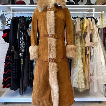 Vintage 1970s Penny Lane suede coat, fox fur collar and cuffs, mod buckles, size small, almost famous hippie boho style, neiman marcus 