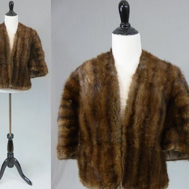 50s Brown Mink Fur Stole Wrap - Built In Muff for Hands - Walker Brothers Wichita - Vintage 1950s 