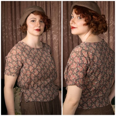 RESERVED 1920s Blouse - Casual Chic 20s Daywear Silk Blouse with Geometric Floral Motif and Glass Accent Button 