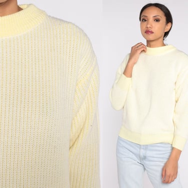 80s Yellow Sweater Plain Knit Crewneck Sweater Retro Pastel Pullover Jumper Minimalist Knitwear Ribbed Sweater Acrylic Vintage 1980s Small S 