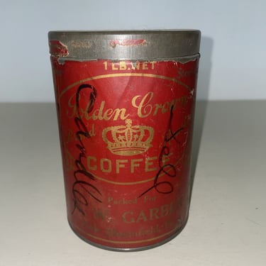 Golden Crown Coffee Tin Paper Label G.W. Garner New Bloomfield Pennsylvania, Vintage collectible tins, coffee can, vintage kitchen decor 