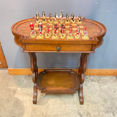 Vintage Wooden Chess Playing Table with Pieces