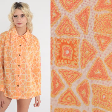 70s Hippie Shirt Orange Psychedelic Print Shirt Geometric Boho Disco Top 1970s Vintage Bohemian Button Up Long Sleeve White Large L 