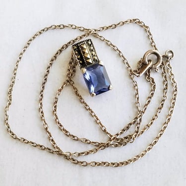 Sterling & Purple Amethyst Pendant Necklace~Lab Created Gemstone/Cut Marcasites~18" Sterling chain~JewelsandMetals 