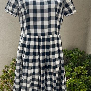 Vintage 60s rockabilly midi dress checker black whiter floral trim Sz XS. 