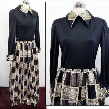 Long HUEY WALTZER Designer Hostess Gown, Black & Metallic Gold Vintage Dress 1970's, 1960's Maxi Evening Party Dress, For Mannequin 