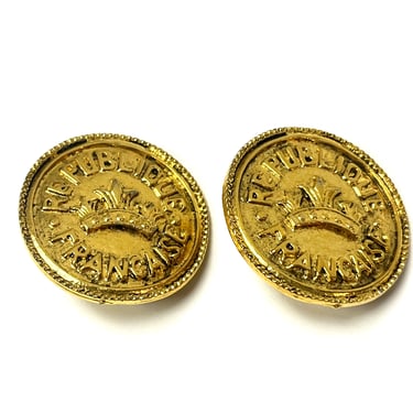 Signed JBW Coin Earrings, Designer Earrings, Coin clip ons, Just The Right Thing Gold Clip Earrings, Republique of Francais Earrings 