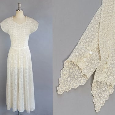 1930s White Dress / 30s White Embroidered Silk Organdy Bridal Gown with Matching Fingerless Gloves / 1930s Wedding Dress / Size Medium 