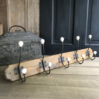 Antique Coat Hook Rack, Wood Iron Porcelain, Hats, Hallway Rack 