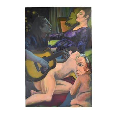 Large Surrealist Collage Oil Painting Musician w Nude Women Lenell Chicago Artist 