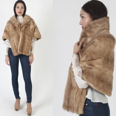 Womens Vintage Real Mink Fur Stole With Large Fur Back Collar 