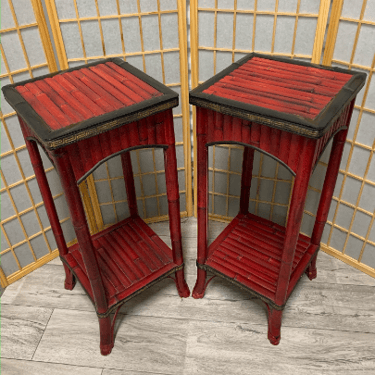 Vintage Asian Style Red Painted Bamboo Plant Stand/ Pedestal - Pair