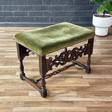 Spanish Revival Carved Wood & Velvet Stool w/ Nailhead Trim, 1940’s 