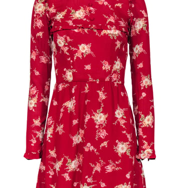 Reformation - Red Floral High Neck Mini Dress w/ Ruffle Trim Sz 0