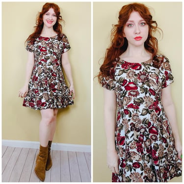 1990s Vintage Brown Floral All That Jazz Mini Dress / 90s / Grunge Rayon Autumnal Dress / Size Medium - Large 