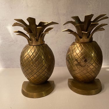 Pair Vintage Large Brass Pineapple Bookends 