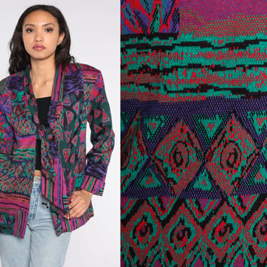 Woven Blazer Jacket 90s Attached Scarf Beaded Abstract Tapestry Boho Jacket Open Front Necktie Bohemian Hippie Retro Vintage 1990s Large L 