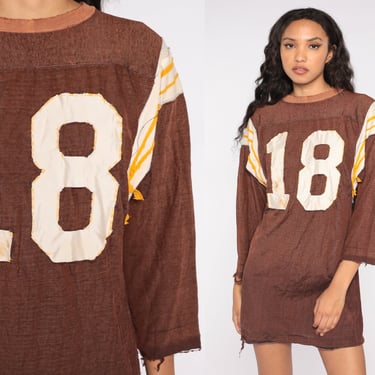 Football Tshirt Dress 60s CHAMPION KNITWEAR Mini Dress Brown 18 Number DISTRESSED Shirtdress Oversized Ringer Minidress 1960s Medium M 