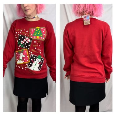 Vintage 80s 90s | Red Puffy Paint Glitter Tacky Ugly Christmas Sweater | M 